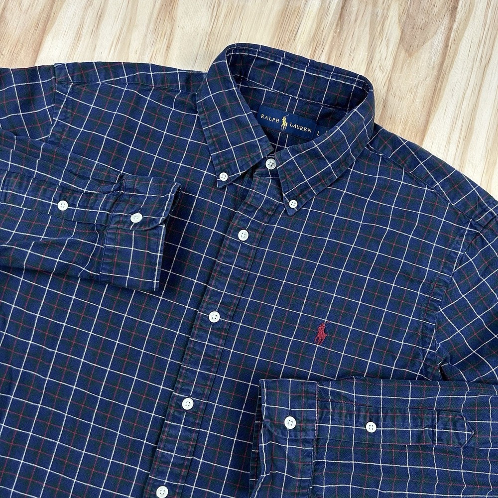 Polo Ralph Lauren Men's Large Blue Green Plaid Long Sleeve Button Shirt Classic